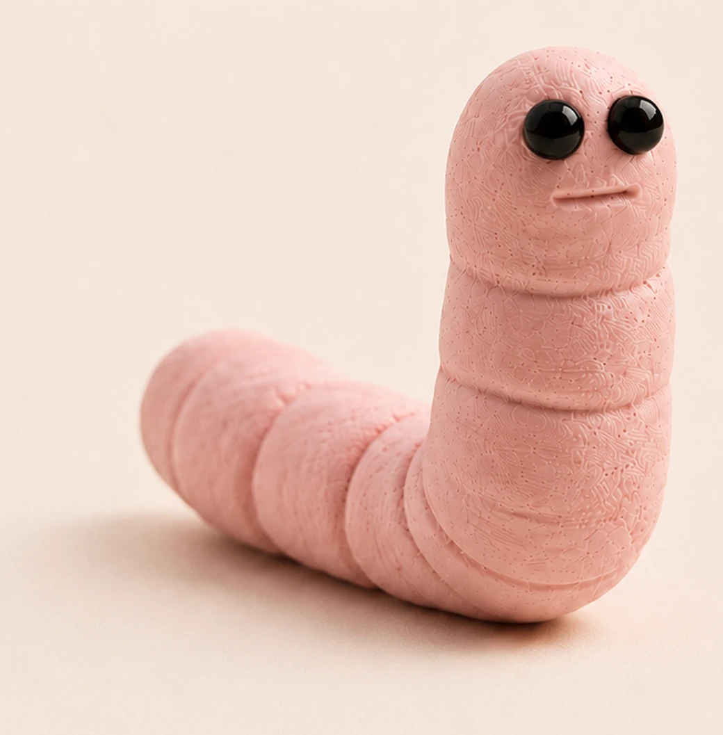 Meh, a small handmade pink worm with a completely blank expression